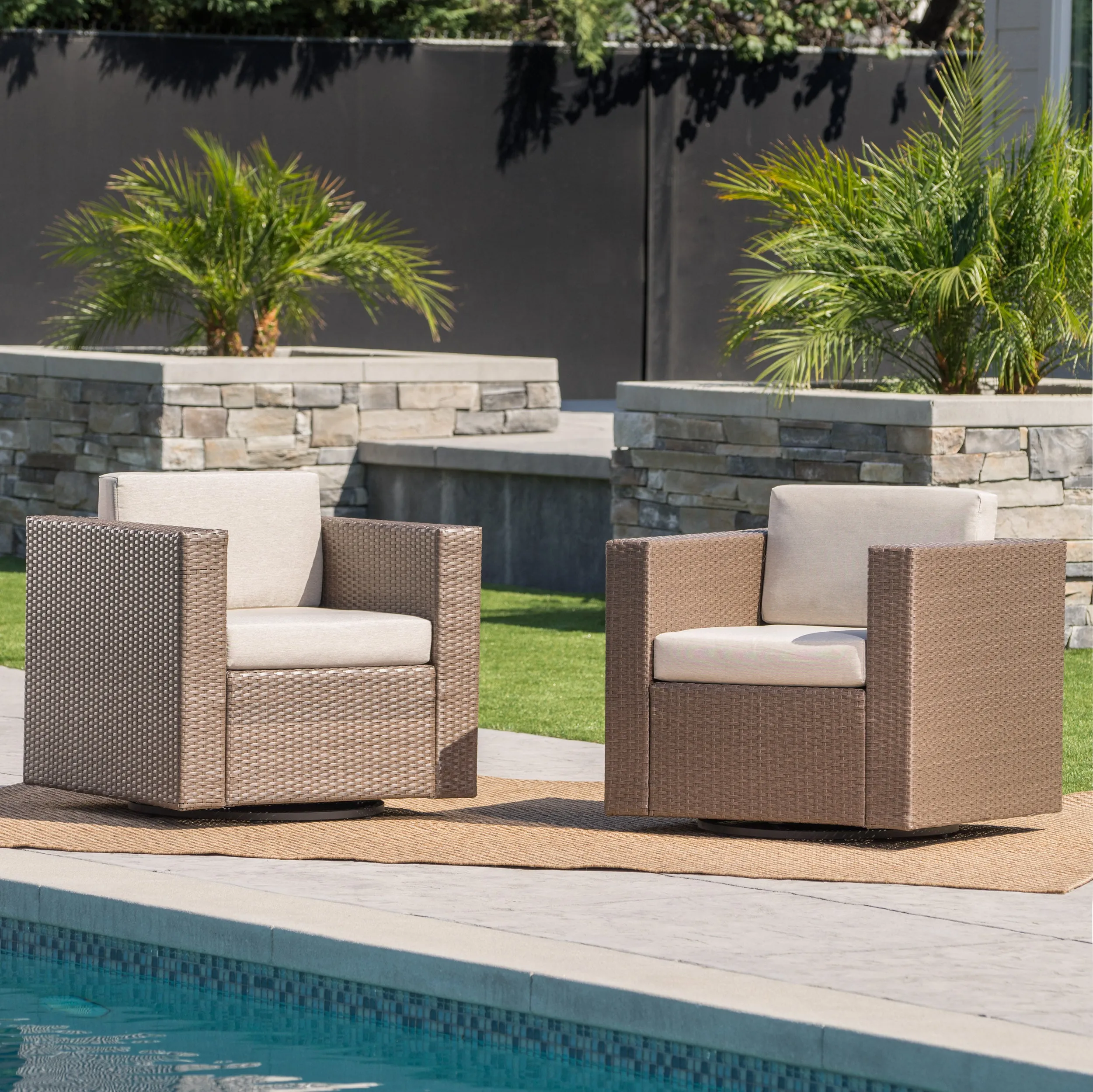 Venice Outdoor Wicker Swivel Club Chairs with Cushions, Set of 2
